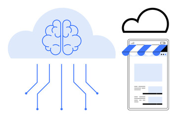 Brain integrated within cloud with connecting lines next to an online storefront interface. Ideal for AI, cloud technology, e-commerce, innovation, data management, futuristic concepts, flat simple