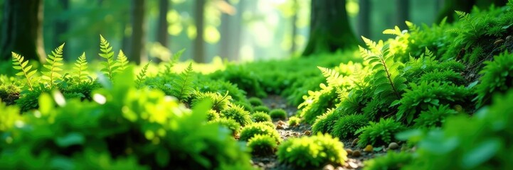 Lush ferns and moss spreading out on a pristine white sheet, forest, nature