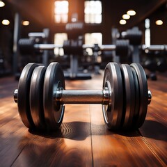 Naklejka premium Classic dumbbell rests on polished wood floor in a modern gym during morning light