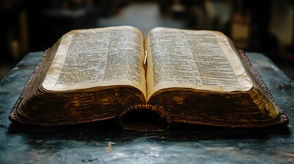 Obraz premium Open antique bible on dark surface