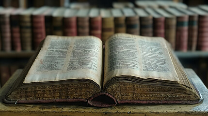 Obraz premium Open Antique Book in Library