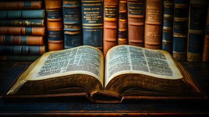 Obraz premium Open antique book in library setting