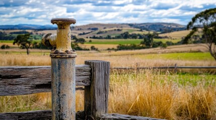 A yellow fire hydrant stands in a field of tall, dry grass, with a wooden fence and rolling hills in the background.