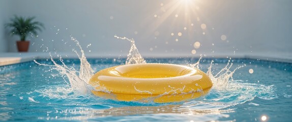 Yellow inflatable ring in pool with splashing water.