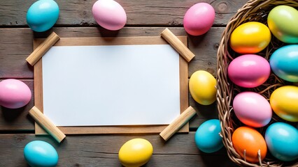 Colorful Easter Egg banner with double side border against a rustic old wood background. Above view with copy space