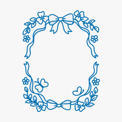 Spring or summer frame of coquette blue bows, flowers, leaves, butterflies. Hand drawn ribbons border. Vintage whimsical background for greeting cards, wedding, invitations, social media