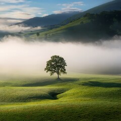 Misty morning landscape with a solitary tree in a lush green meadow under gentle sunlight
