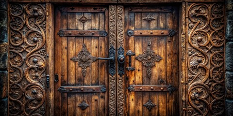 Mysterious old wooden door with intricate carvings and rusty hinges on a dark wood background, eerie, shadowy,  eerie