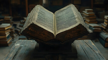 Open antique book on stand in old library
