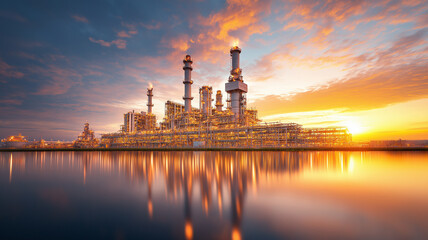 Fototapeta premium stunning oil refinery plant illuminated by sunset, reflecting in calm water. industrial structure showcases towering smokestacks and intricate piping against vibrant sky