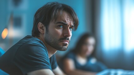 Focus Middle man sad sitting and wife sleeping on bed hospital background