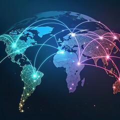Obraz premium Visually Striking Digital Earth: Networked Globe Image with Geometric Mesh, Color-Coded Continents, and Connecting Lines Depicting Global Interconnectedness & Communication..
