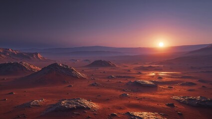 Mars landscape with craters and rocks during sunset illuminating the red planet surface.