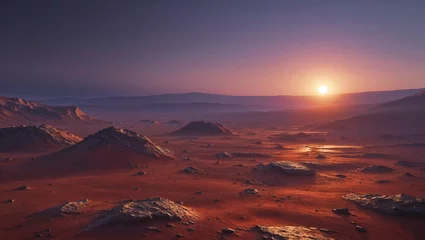 Mars landscape with craters and rocks during sunset illuminating the red planet surface.