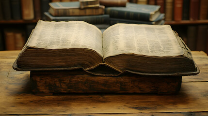 Obraz premium Open antique book on wooden stand in library