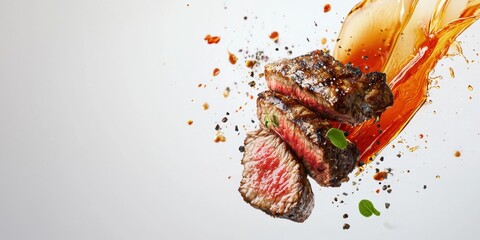 Grilled steak with sizzling juices floating on a clean white background