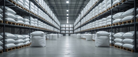 White storage bags lined up in large warehouse with shelves filled with similar bags in the background