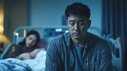 Fototapeta premium Focus Middle man sad sitting and wife sleeping on bed hospital background