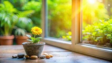 Sunny windowsill with small pot containing single yellow flower blooming, surrounded by lush greenery and decorative stones, plant care, home decor
