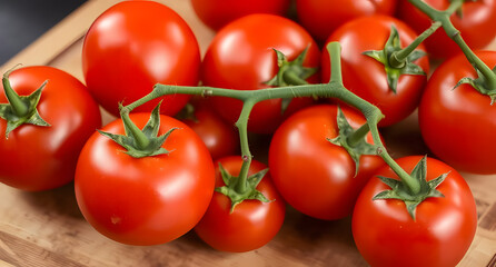 Bright red tomatoes with green stems on a wooden cutting board. Fresh and juicy composition