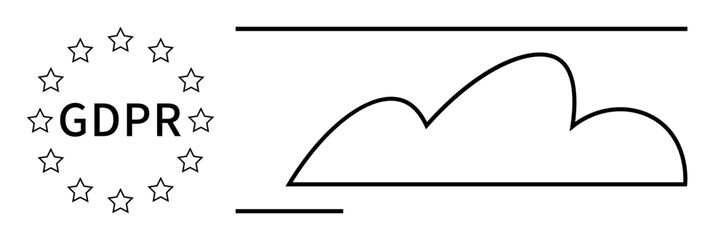 Circular GDPR text surrounded by stars representing data privacy alongside a simple cloud, symbolizing cloud storage. Ideal for compliance, technology, data security, privacy law, regulation, cloud