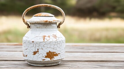 A weathered white ceramic pitcher with a rusted handle and a small, round lid sits on a wooden table.
