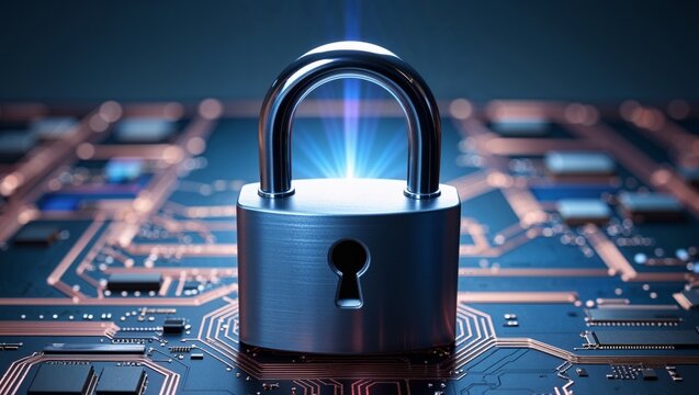 Glowing padlock on circuit board representing digital security and data protection concept.