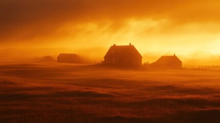 Golden Hour Farmhouse Serenity: A Misty Sunrise Landscape
