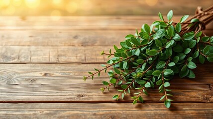 Fresh Green Sprigs on Rustic Wooden Background Spring Nature