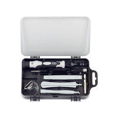 Gadget repair tool kit, set of tools for repairing smartphones and laptops, isolated from background