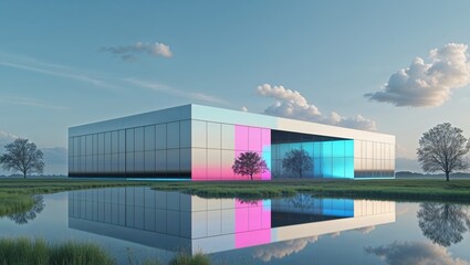 Futuristic Warehouse with Digital Overlay in a Serene Landscape.