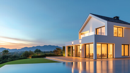 Modern luxury house with large glass windows, stunning sunset view, and spacious outdoor area. This elegant home blends contemporary design with natural beauty, creating serene atmosphere