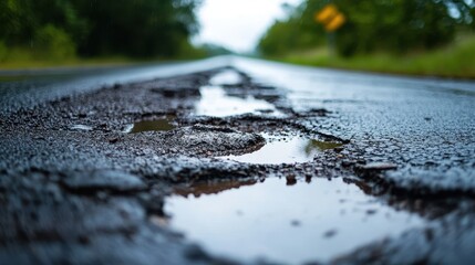 Fototapeta premium Potholes on the road after a rain, showcasing water-filled depressions and the uneven surface.