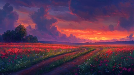 Obraz premium Tranquil Scene: Dirt Road in Vibrant Twilight Fields