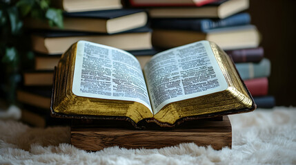 Obraz premium Open Bible on Wooden Stand, Books Background
