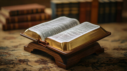 Open Bible on Wooden Stand, Books Background