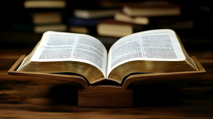 Obraz premium Open Bible on Wooden Stand in Library (1)