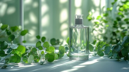 Natural, clear liquid dispenser bottle surrounded by eucalyptus leaves