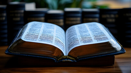 Fototapeta premium Open Bible on Wooden Table, Books Background (1)