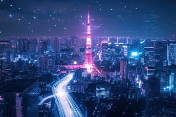 Fototapeta premium Tokyo cityscape at night with futuristic digital network overlay.