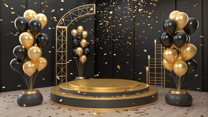Gold Stage Celebration: A lavish stage scene adorned with gold and black balloons and shimmering confetti.