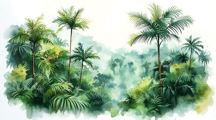 Watercolor illustration of rainforest plants outdoors in nature on a transparent background. high resolution PNG file