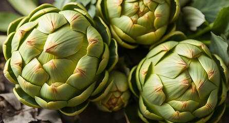 Fototapeta premium Fresh green artichokes with delicate leaves. Earthy and unique background