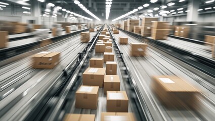 Packages moving on conveyor belt in distribution center.
