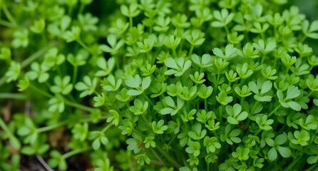 Fresh green cress with tiny leaves. Herbal and vibrant background