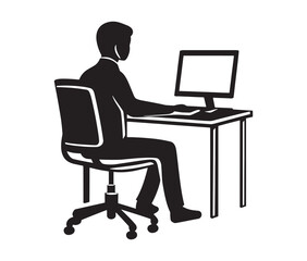 Businessman working on laptop. Working from home: remote job illustration. Computer desk setup a workplace icon.