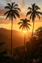 Obraz premium Tranquil silhouette of tropical trees against the setting sun.