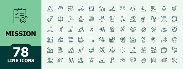 Mission icon set. Includes thin line diamond, binocular, global, metaphor, task, company and more. Outline symbol collection. Minimalistic icon.