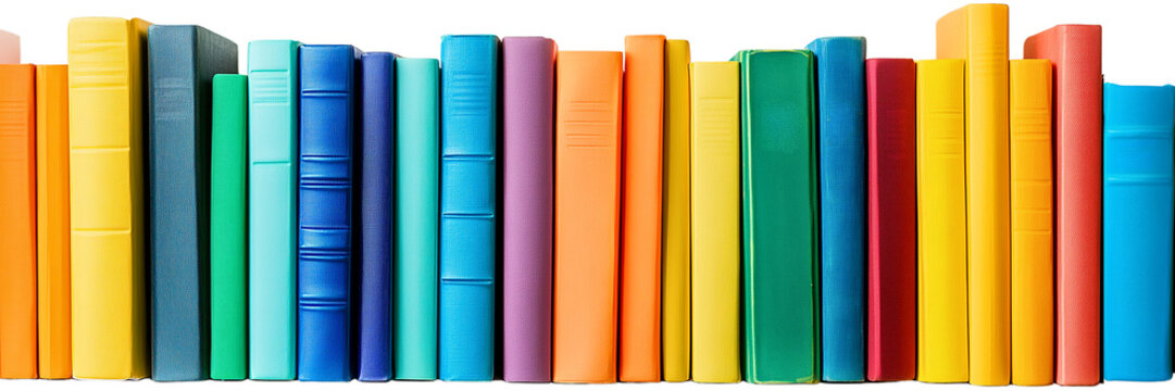 group of realistic, rainbow colour & modern textbook / books spines standing in the row like on a shelf isolated over transparent (white) background; no label