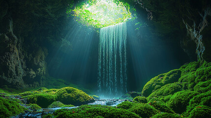 Hidden Waterfall Inside Moss-Covered Cave with Sunlight Streaming Through Cracks in Ethereal Nature Photography
